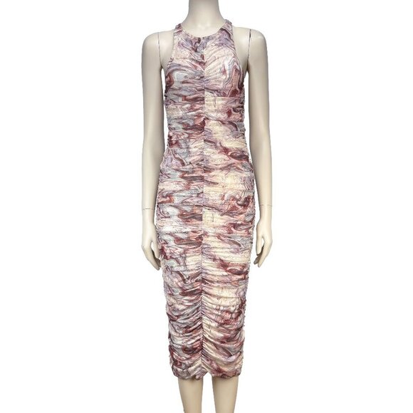 EDIT‎ BY NINE Ruched Bodycon Candy Pink Tulle Stretch Print Midi Dress S - Picture 6 of 16